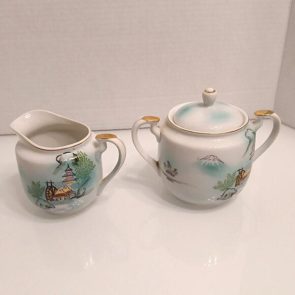 Vintage Nippon Hand Painted China Double Handle Sugar Bowl With Lid & Creamer - Picture 1 of 13